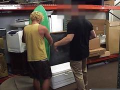 Desperate surfer opens his mouth and ass to the pawn shop owners