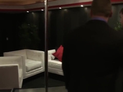 Muscled hunks in suits cover stripper in jizz