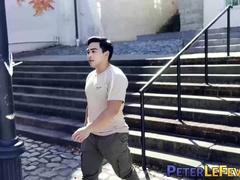 Asian American Sunny D tugs his uncut cock while doing an interview solo