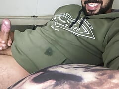 Bearded with a beautiful smile smearing himself with cum jerking off with the cock cumshot brunette naughty snotty dick