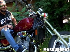 Zack is bearded muscular biker who is jerking off outdoors