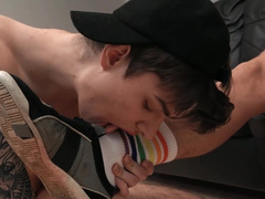 Sneaker fetish fuck with two dark-haired hotties