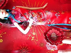 Chinese New Year Barbie in Cheongsam Satin Dress Cum Blasted