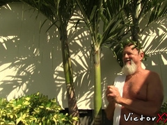 Bearded grandpa bangs his lover raw and cums on him outdoors