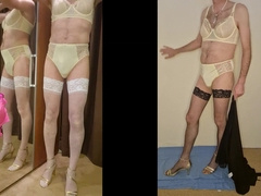 Crossdresser dressed in yellow primadonna undergarments