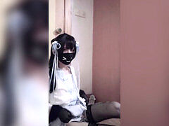 Crosssundresser Hanfu dress wank by tights covered hand