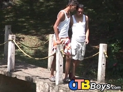 Three latino twinks swap head before barebacking outdoors