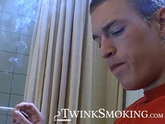 Attractive Yuri fires up his cig and sits on the toilet for his hot smokin and stroki