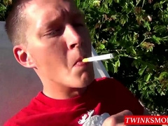 Smoker twink Ryan plays with his ass while stroking his cock