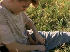 Summer joy of 2 young men. Deepthroating by the river