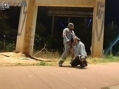 Motorcyclist watches employee urinating, returns and offers a fellatio