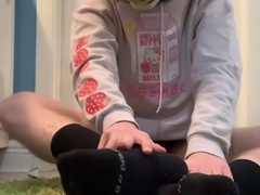 Hairy egghead displaying off soles - Wordy - draining off with sock