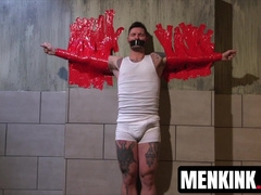 Sebastian keys and Dominic torment inked Teddy Bryce in pipe bondage