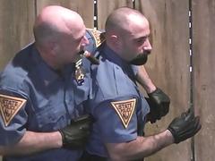 Policeman strings up his buddy for hardcore gay fucking