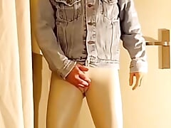 Cock arousing in white vinyl leggings