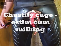 Chastity cage - estim cum milking