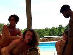Outdoor poolside gay play in a series of bareback group scenes