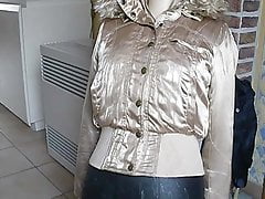 Guy in jeans ejeculating on second hand gold nylon jacket