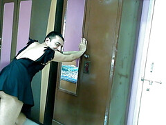 Hot and sexy femboy Sweet Lollipop in sexy little black dress shows her naked body