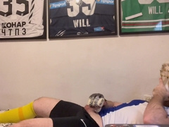 Fap and spunk in Soccer cleats Socks and jersey