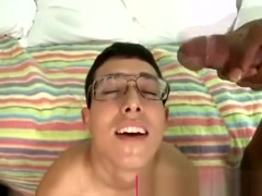 Interracial nerdy twink gets double facial