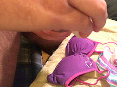 messy jack off and spunk on bra and panties with pocket pussy