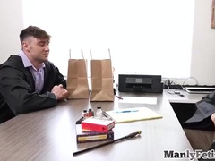 Mesmerized Stripping Oiled Stud Rimmed In Office By Hunk