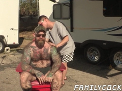 Backyard raw doggy style fucking between stepdad and his son