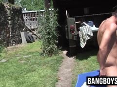 Young man faces two huge dicks outside as he is bare pounded