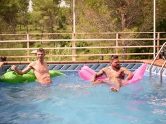 Pals getting off in the pool