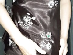 Crossdresser cum wearing satin silk set