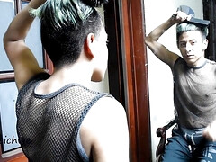 Exciting hairstyle in the mirror