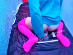 Youthful, crossdresser riding dildo, rides
