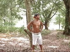 Three African guys smoke a joint and have a tribal fuck in the forest