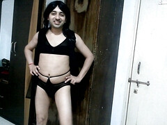 Sexy sissy crossdresser Sweet Lollipop in sexy black lingerie.