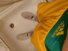 piss in yellow adidas boxer and white sox