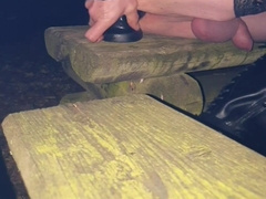 Assfuck Hoe using a ample speculum to demolish her poon in a park bench at night