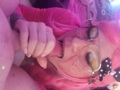 KEEPS GOING! femboy gets facial cumshot then keeps going, he pops again gargle