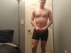 Hairy man's seductive strip tease ends with a money-shot on his toned body