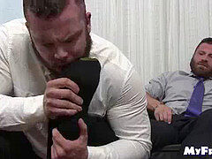 bulky teddy strokes off while his gay boss licks his feet