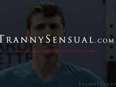 Sage Rouxs shemale ass stuffed with a throbbing cock which cums on her face