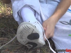 Naughty teenie petting his goods