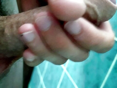 Hotel handjob in the bathroom finish on the wall