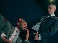 Men in suits share intimate blowjob in flawless manners