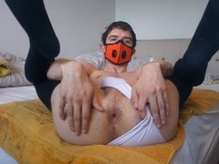 Slim twink in thigh-high socks pushes his limits with a massive 13-inch glass dildo ["Tiny white panties"]