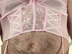Jizz flow in pinkish underpants, harness and hip highs