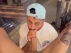 Balcony fun: hot blowjob, deepthroat action, and cum guzzling