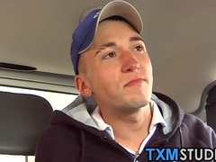 Smooth twinks ass fucking and spilling jizz in car threesome