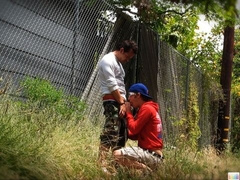 Sneaky outdoor blowjob featuring horny Spence Drake
