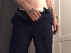 The man in cut-offs toyed with his man-meat and jizm